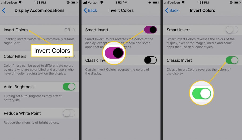 iPhone settings highlight inverted color option in display chamber