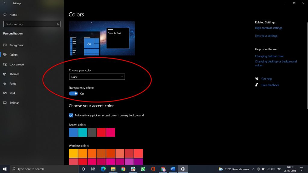 Windows 10 desktop color settings highlight dark mode in your color preferences.
