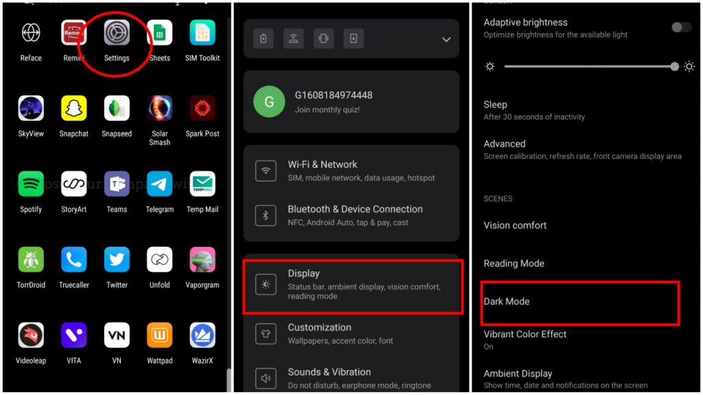 android settings highlight display dark mode option