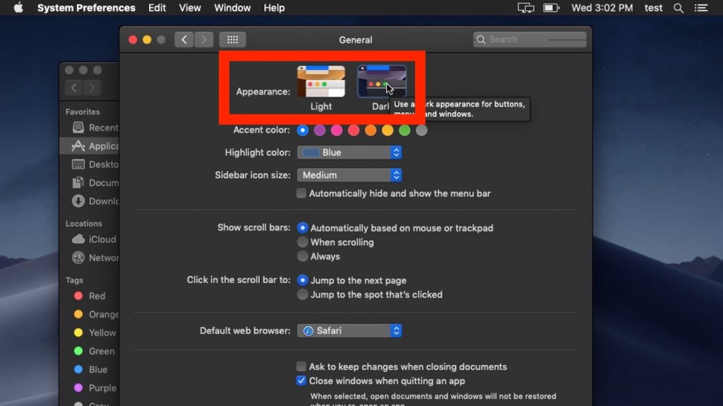 macOS Mojave General Settings Highlights Dark Mode Toggle Bar